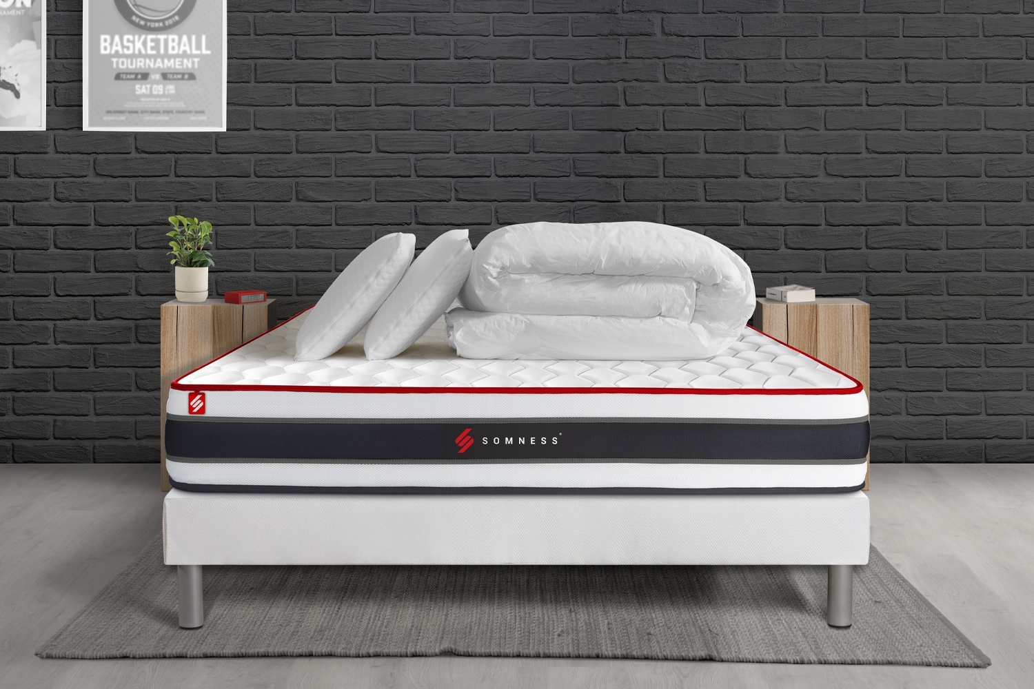 Pack matelas ENERGY 140x200 + sommier blanc + Couette + 2 oreillers
